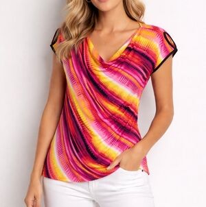 Abria Colorful Draped Cowl Neck Top | Pink Yellow Abstract | Women’s